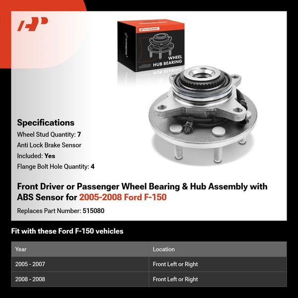 Front Driver or Passenger Wheel Bearing & Hub Assembly with ABS Sensor for 2005-2008 Ford F-150