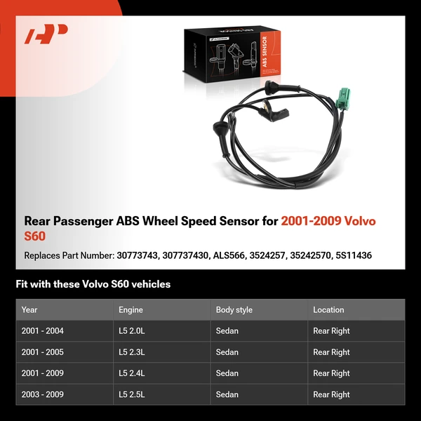 Rear Passenger ABS Wheel Speed Sensor for 2001-2009 Volvo S60