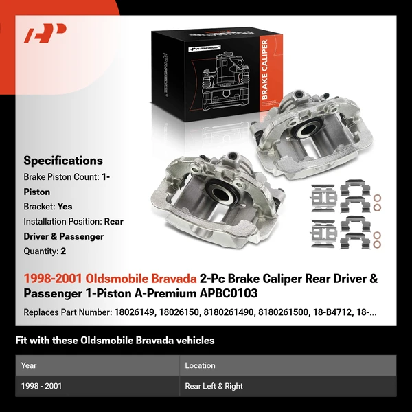 1998-2001 Oldsmobile Bravada 2-Pc Brake Caliper Rear Driver & Passenger 1-Piston A-Premium APBC0103