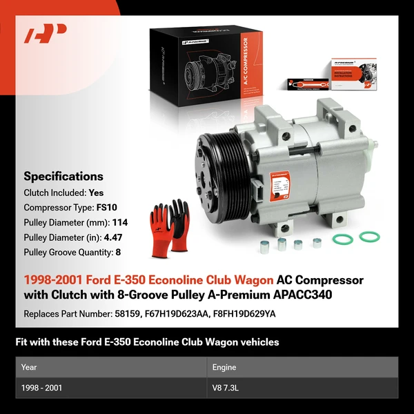 1998-2001 Ford E-350 Econoline Club Wagon AC Compressor with Clutch with 8-Groove Pulley A-Premium APACC340