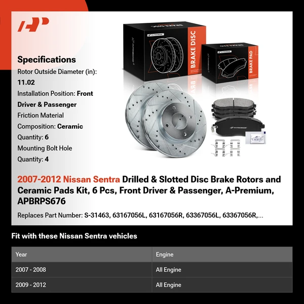 2007-2012 Nissan Sentra Drilled & Slotted Disc Brake Rotors and Ceramic Pads Kit, 6 Pcs, Front Driver & Passenger, A-Premium, APBRPS676