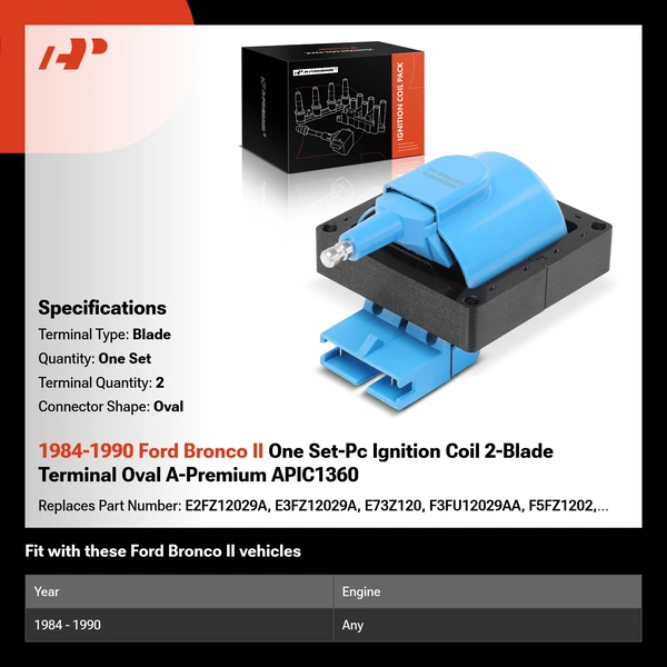 1984-1990 Ford Bronco II One Set-Pc Ignition Coil 2-Blade Terminal Oval A-Premium APIC1360