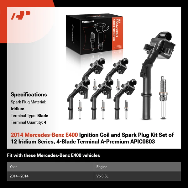 2014 Mercedes-Benz E400 Ignition Coil and Spark Plug Kit Set of 12 Iridium Series, 4-Blade Terminal A-Premium APIC0803