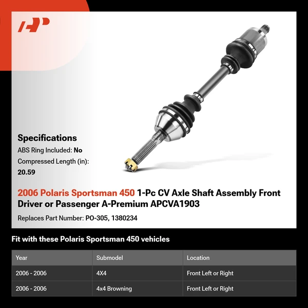 2006 Polaris Sportsman 450 1-Pc CV Axle Shaft Assembly Front Driver or Passenger A-Premium APCVA1903