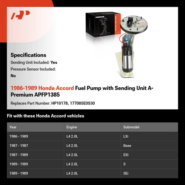 1986-1989 Honda Accord Fuel Pump with Sending Unit A-Premium APFP1385