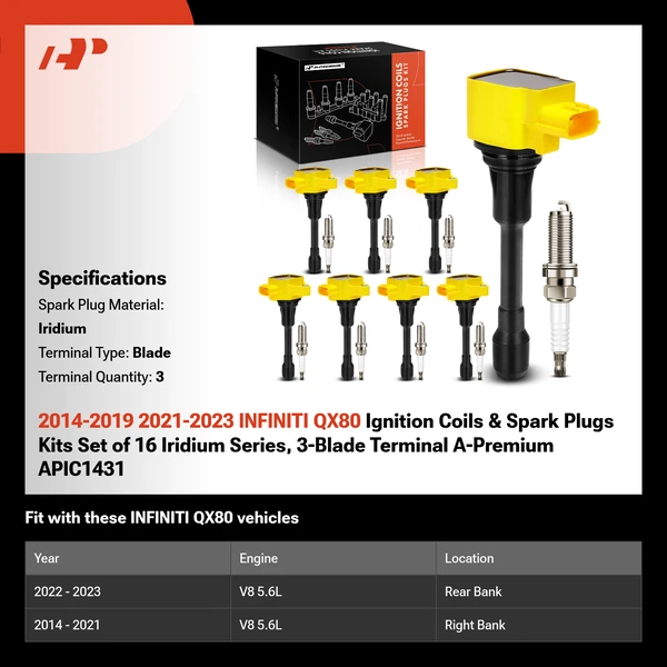 2014-2019 2021-2023 INFINITI QX80 Ignition Coils & Spark Plugs Kits Set of 16 Iridium Series, 3-Blade Terminal A-Premium APIC1431