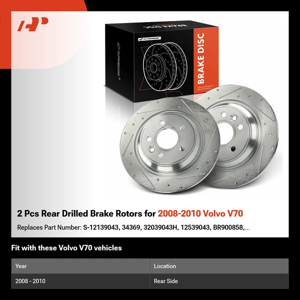 2 Pcs Rear Drilled Brake Rotors for 2008-2010 Volvo V70