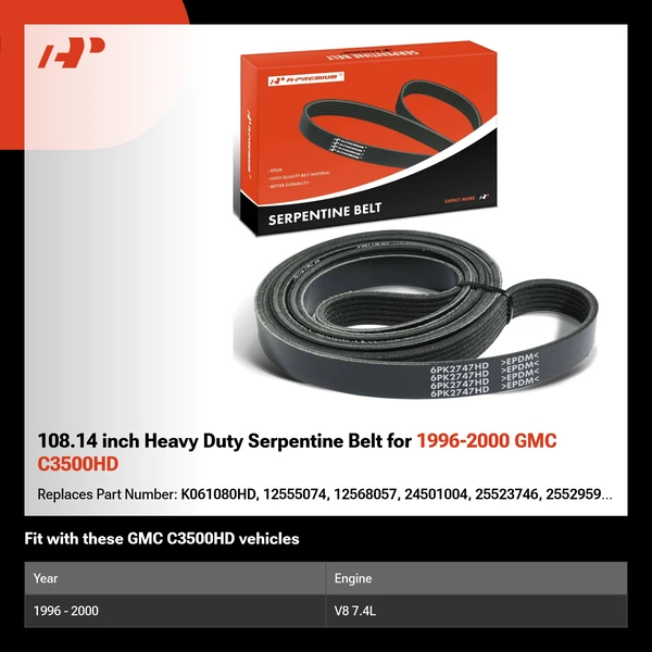 108.14 inch Heavy Duty Serpentine Belt for 1996-2000 GMC C3500HD