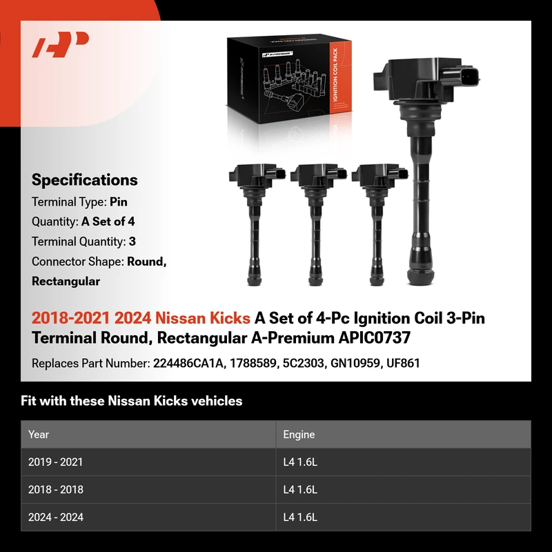 2018-2021 2024 Nissan Kicks A Set of 4-Pc Ignition Coil 3-Pin Terminal Round, Rectangular A-Premium APIC0737