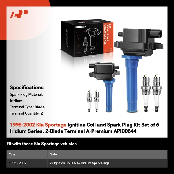1995-2002 Kia Sportage Ignition Coil and Spark Plug Kit Set of 6 Iridium Series, 2-Blade Terminal A-Premium APIC0644