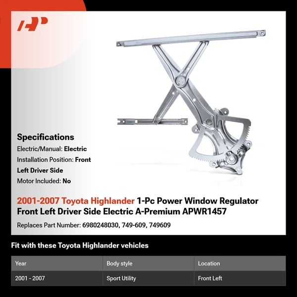 2001-2007 Toyota Highlander 1-Pc Power Window Regulator Front Left Driver Side Electric A-Premium APWR1457