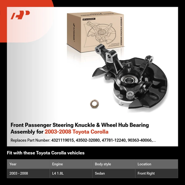Front Passenger Steering Knuckle & Wheel Hub Bearing Assembly for 2003-2008 Toyota Corolla