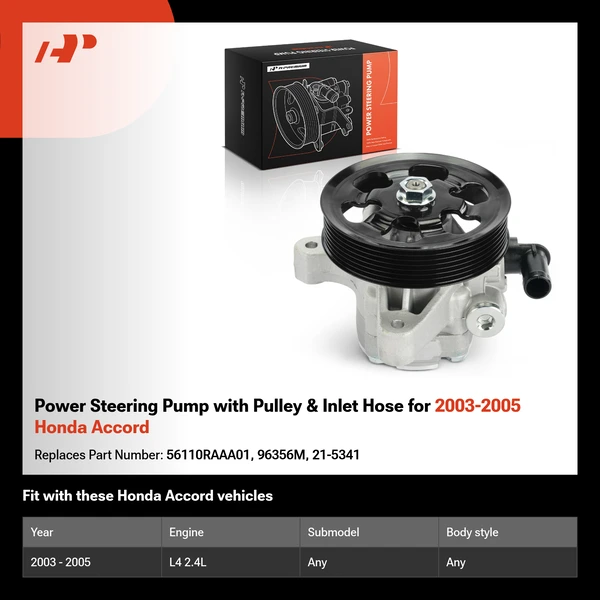 Power Steering Pump with Pulley & Inlet Hose for 2003-2005 Honda Accord
