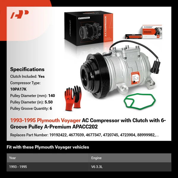 1993-1995 Plymouth Voyager AC Compressor with Clutch with 6-Groove Pulley A-Premium APACC202