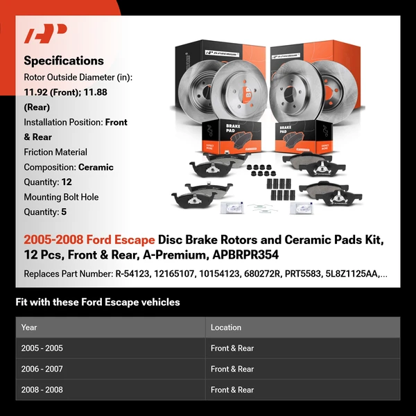 2005-2008 Ford Escape Disc Brake Rotors and Ceramic Pads Kit, 12 Pcs, Front & Rear, A-Premium, APBRPR354