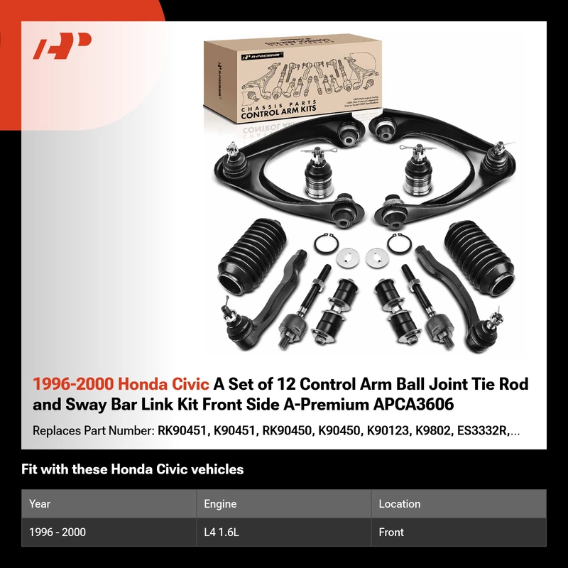 1996-2000 Honda Civic A Set of 12 Control Arm Ball Joint Tie Rod and Sway Bar Link Kit Front Side A-Premium APCA3606
