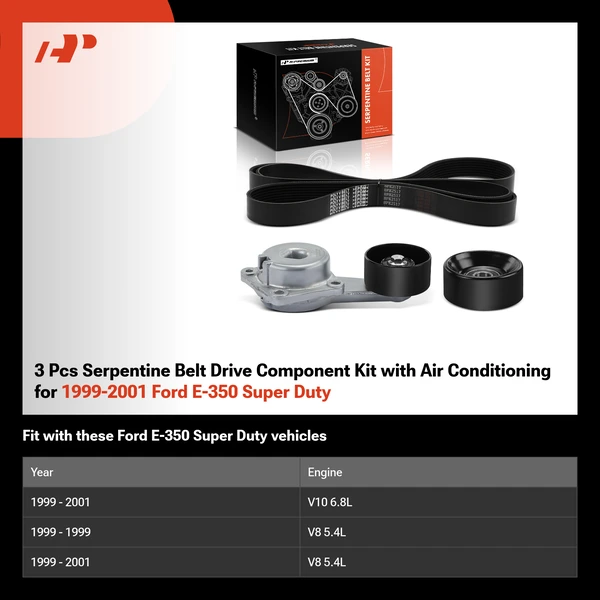 3 Pcs Serpentine Belt Drive Component Kit with Air Conditioning for 1999-2001 Ford E-350 Super Duty