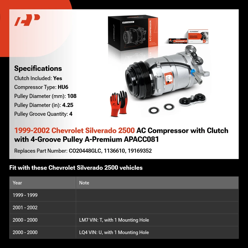 1999-2002 Chevrolet Silverado 2500 AC Compressor with Clutch with 4-Groove Pulley A-Premium APACC081