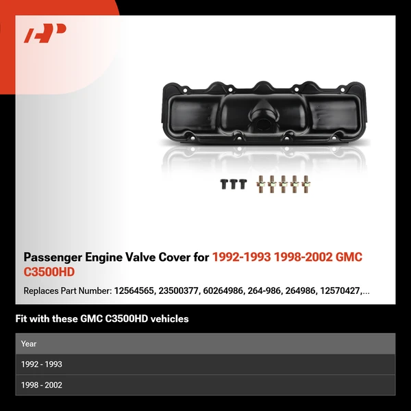 Passenger Engine Valve Cover for 1992-1993 1998-2002 GMC C3500HD