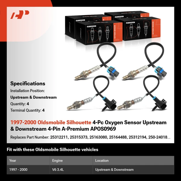 1997-2000 Oldsmobile Silhouette 4-Pc Oxygen Sensor Upstream & Downstream 4-Pin A-Premium APOS0969