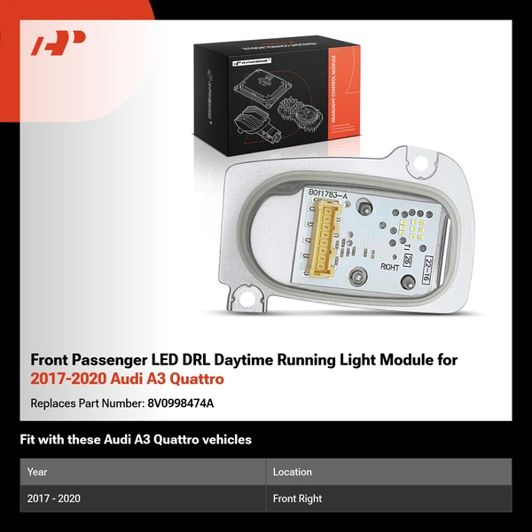 Front Passenger LED DRL Daytime Running Light Module for 2017-2020 Audi A3 Quattro