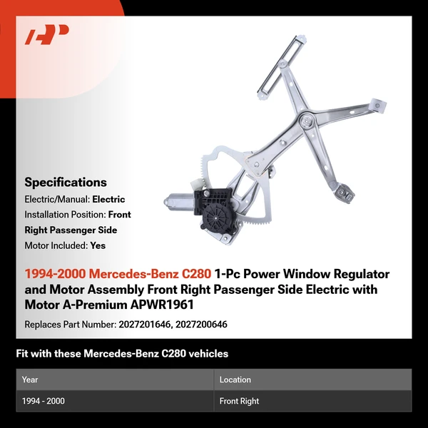 1994-2000 Mercedes-Benz C280 1-Pc Power Window Regulator and Motor Assembly Front Right Passenger Side Electric with Motor A-Premium APWR1961