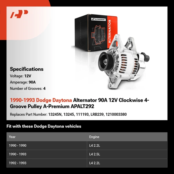 1990-1993 Dodge Daytona Alternator 90A 12V Clockwise 4-Groove Pulley A-Premium APALT292