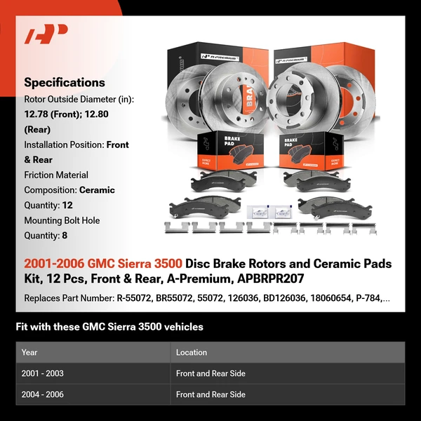 2001-2006 GMC Sierra 3500 Disc Brake Rotors and Ceramic Pads Kit, 12 Pcs, Front & Rear, A-Premium, APBRPR207