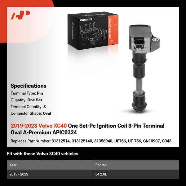 2019-2023 Volvo XC40 One Set-Pc Ignition Coil 3-Pin Terminal Oval A-Premium APIC0324