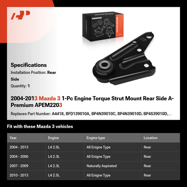 2004-2013 Mazda 3 1-Pc Engine Torque Strut Mount Rear Side A-Premium APEM2203