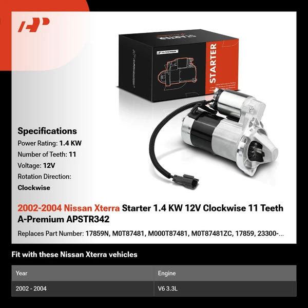 2002-2004 Nissan Xterra Starter 1.4 KW 12V Clockwise 11 Teeth A-Premium APSTR342