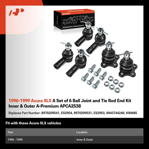 1996-1999 Acura SLX A Set of 6 Ball Joint and Tie Rod End Kit Inner & Outer A-Premium APCA2538