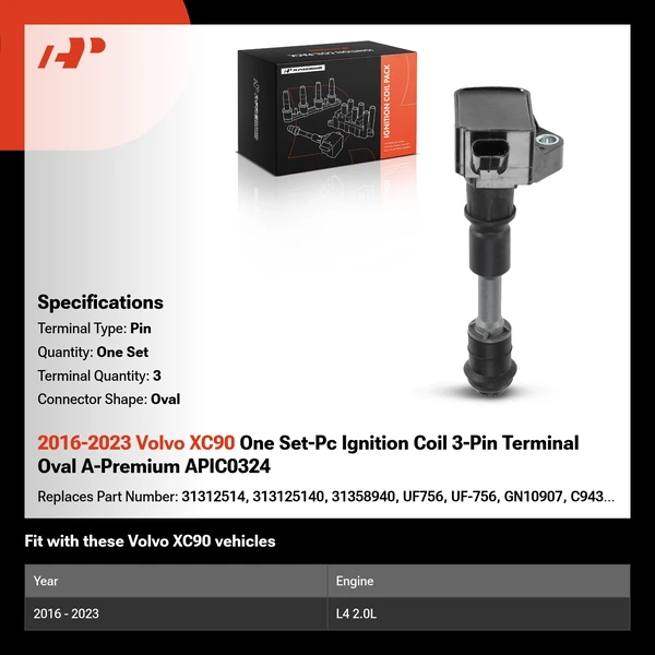 2016-2023 Volvo XC90 One Set-Pc Ignition Coil 3-Pin Terminal Oval A-Premium APIC0324