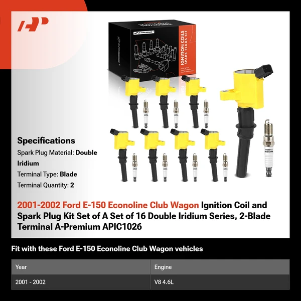 2001-2002 Ford E-150 Econoline Club Wagon Ignition Coil and Spark Plug Kit Set of A Set of 16 Double Iridium Series, 2-Blade Terminal A-Premium APIC1026