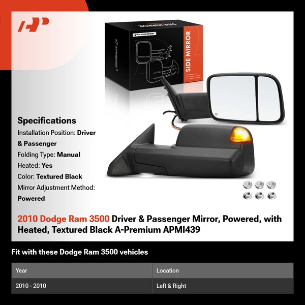 2010 Dodge Ram 3500 Driver & Passenger Mirror, Powered, with Heated, Textured Black A-Premium APMI439
