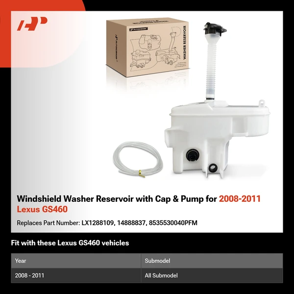 Windshield Washer Reservoir with Cap & Pump for 2008-2011 Lexus GS460