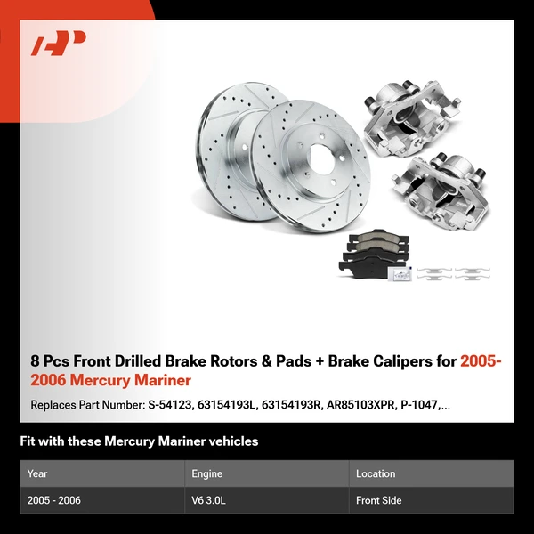 8 Pcs Front Drilled Brake Rotors & Pads + Brake Calipers for 2005-2006 Mercury Mariner