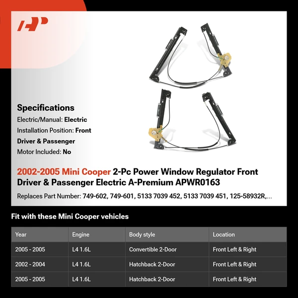 2002-2005 Mini Cooper 2-Pc Power Window Regulator Front Driver & Passenger Electric A-Premium APWR0163