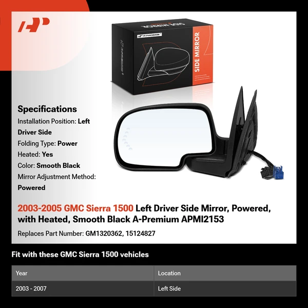 2003-2005 GMC Sierra 1500 Left Driver Side Mirror, Powered, with Heated, Smooth Black A-Premium APMI2153