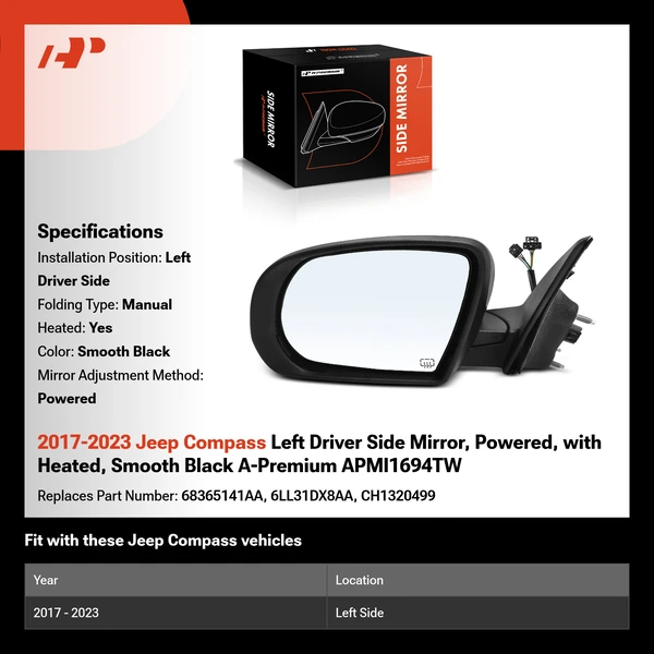 2017-2023 Jeep Compass Left Driver Side Mirror, Powered, with Heated, Smooth Black A-Premium APMI1694TW