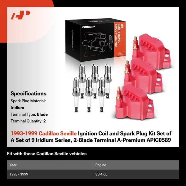 1993-1999 Cadillac Seville Ignition Coil and Spark Plug Kit Set of A Set of 9 Iridium Series, 2-Blade Terminal A-Premium APIC0589