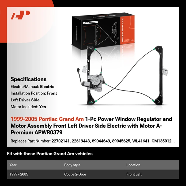1999-2005 Pontiac Grand Am 1-Pc Power Window Regulator and Motor Assembly Front Left Driver Side Electric with Motor A-Premium APWR0379