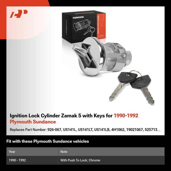 Ignition Lock Cylinder Zamak 5 with Keys for 1990-1992 Plymouth Sundance