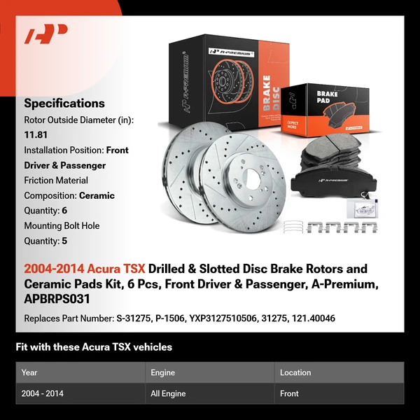 2004-2014 Acura TSX Drilled & Slotted Disc Brake Rotors and Ceramic Pads Kit, 6 Pcs, Front Driver & Passenger, A-Premium, APBRPS031