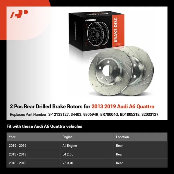 2 Pcs Rear Drilled Brake Rotors for 2013 2019 Audi A6 Quattro