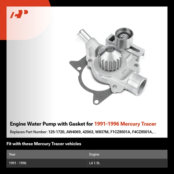 Engine Water Pump with Gasket for 1991-1996 Mercury Tracer