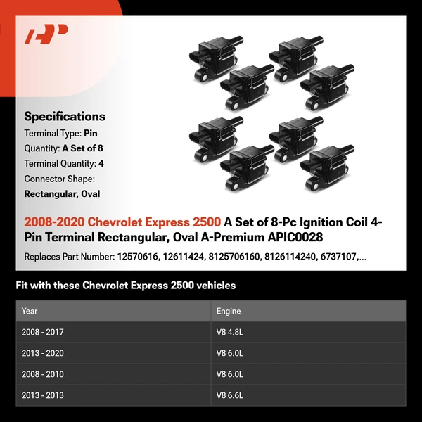 2008-2020 Chevrolet Express 2500 A Set of 8-Pc Ignition Coil 4-Pin Terminal Rectangular, Oval A-Premium APIC0028