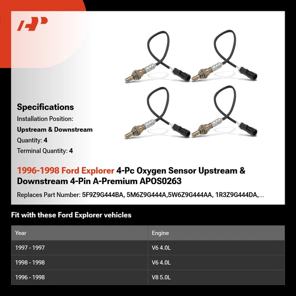 1996-1998 Ford Explorer 4-Pc Oxygen Sensor Upstream & Downstream 4-Pin A-Premium APOS0263