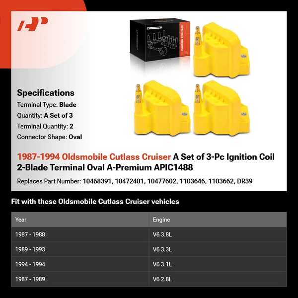 1987-1994 Oldsmobile Cutlass Cruiser A Set of 3-Pc Ignition Coil 2-Blade Terminal Oval A-Premium APIC1488