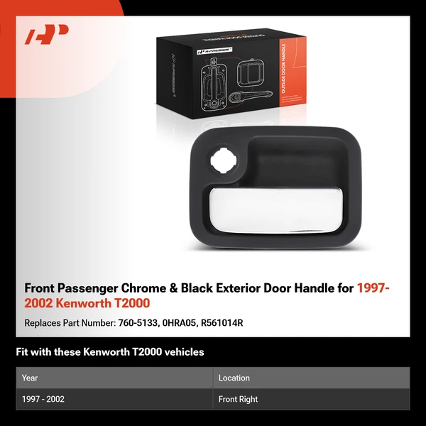 Front Passenger Chrome & Black Exterior Door Handle for 1997-2002 Kenworth T2000